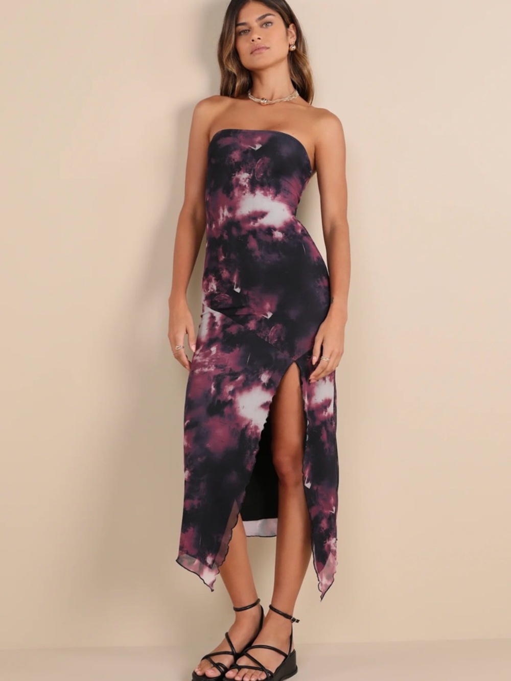 Lulu’s Paramount Poise Black Multi Abstract Strapless Mesh Midi Dress Size M